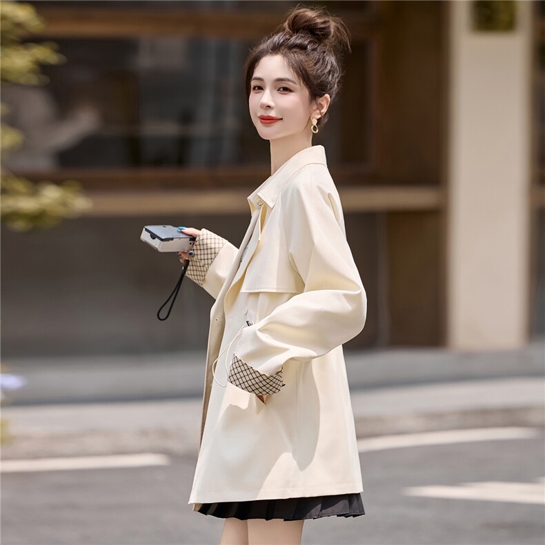 中长款收腰风衣女显瘦2025秋季时尚袖口拼格春秋外套,女装风衣,姿衣坊