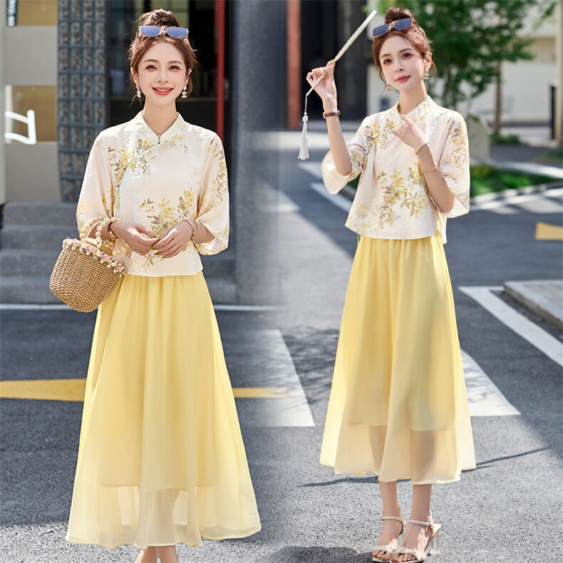 紫色新中式国风套装裙女2025夏季改良汉服日常可穿禅意茶服两件套,女装连衣裙,英标秀（1C119）