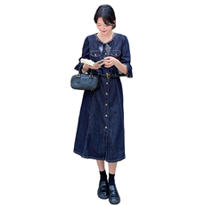 韩系复古高级感牛仔连衣裙女2025秋季新款通勤气质收腰显瘦中长裙，女装连衣裙，2C177