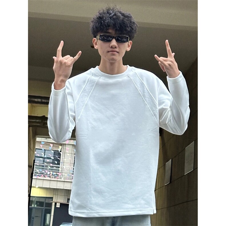 抖音得物品质26春装美式高街曼巴棉螺纹拼接卫衣圆领长袖T恤YT164,男装T恤,电商A486-1
