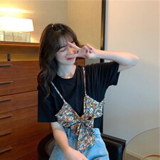 心机碎花假两件短袖t袖，其它，喜午