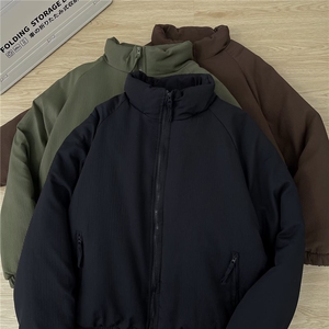 秋季外套男美式简约立领工装棉服加厚版复古水洗休闲上衣修身潮图片
