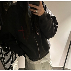 美式水洗做旧连帽开衫卫衣男潮牌十字刺绣宽松设计感休闲拉链外套，女装短外套，星座813-2