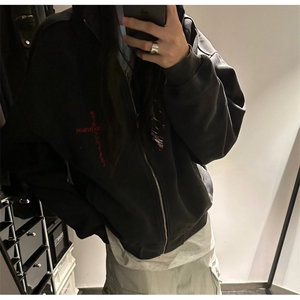 美式水洗做旧连帽开衫卫衣男潮牌十字刺绣宽松设计感休闲拉链外套图片