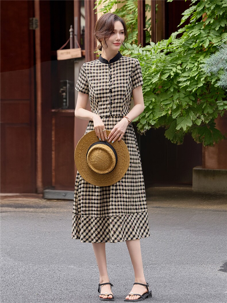 弹力面料学院风格纹连衣裙女春夏收腰显瘦中长裙格子裙子,女装连衣裙,水衣源