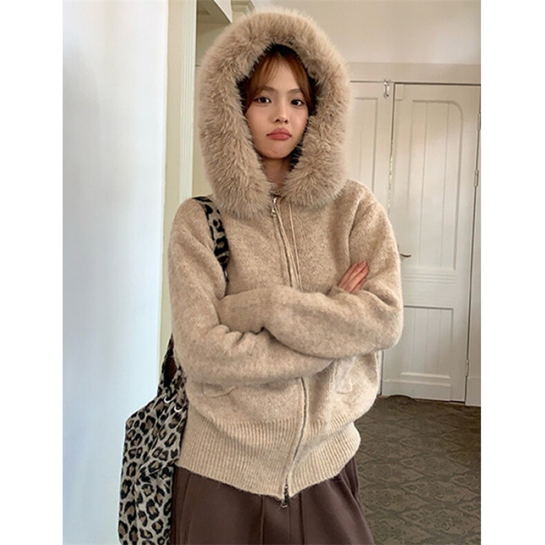 连帽拉链针织外套女拼接毛领秋冬新款韩系慵懒风开衫MTK79,女装短外套,星座1116A（原606A-3）