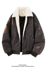 蛇纹亮面棉服加厚毛领美式休闲夹克皮衣男D51221-TP80158，男装夹克，电商A102