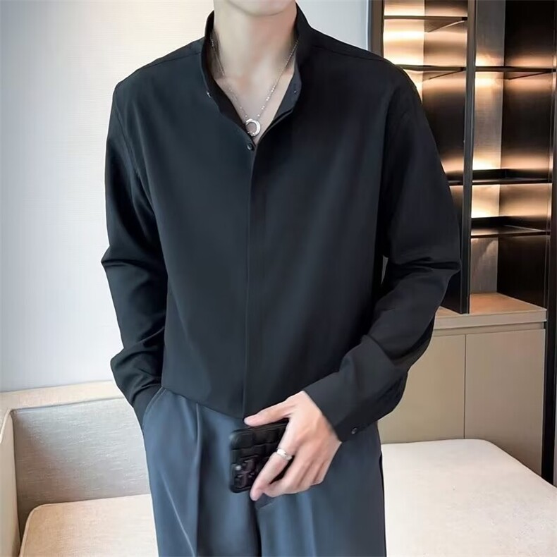 GS303P45立领长袖暗扣白色衬衣日系韩版新中式长袖衬衫外套,男装衬衫,星座1108-5