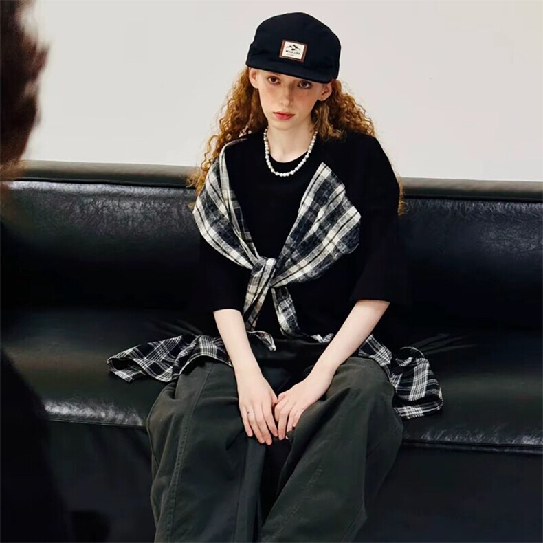 拼接格子布装饰高品质260克双纱纯棉美式高街短袖T恤特P35，男装T恤，电商A486