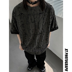 主推高质量夏季破洞短袖重磅情侣t恤女设计感中性上衣D247P30，男装T恤，电商A335-1（原A458）