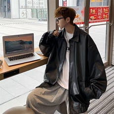 得物品质秋款男皮衣夹克杉宽松拉链休闲皮外套JK025P65，男装夹克，星座1013-1