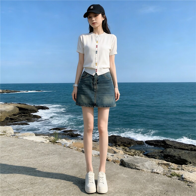 夏季新款时尚休闲简约套装宽松显瘦圆领彩色纽扣上衣牛仔裙两件套，女装套装/套裙，江南