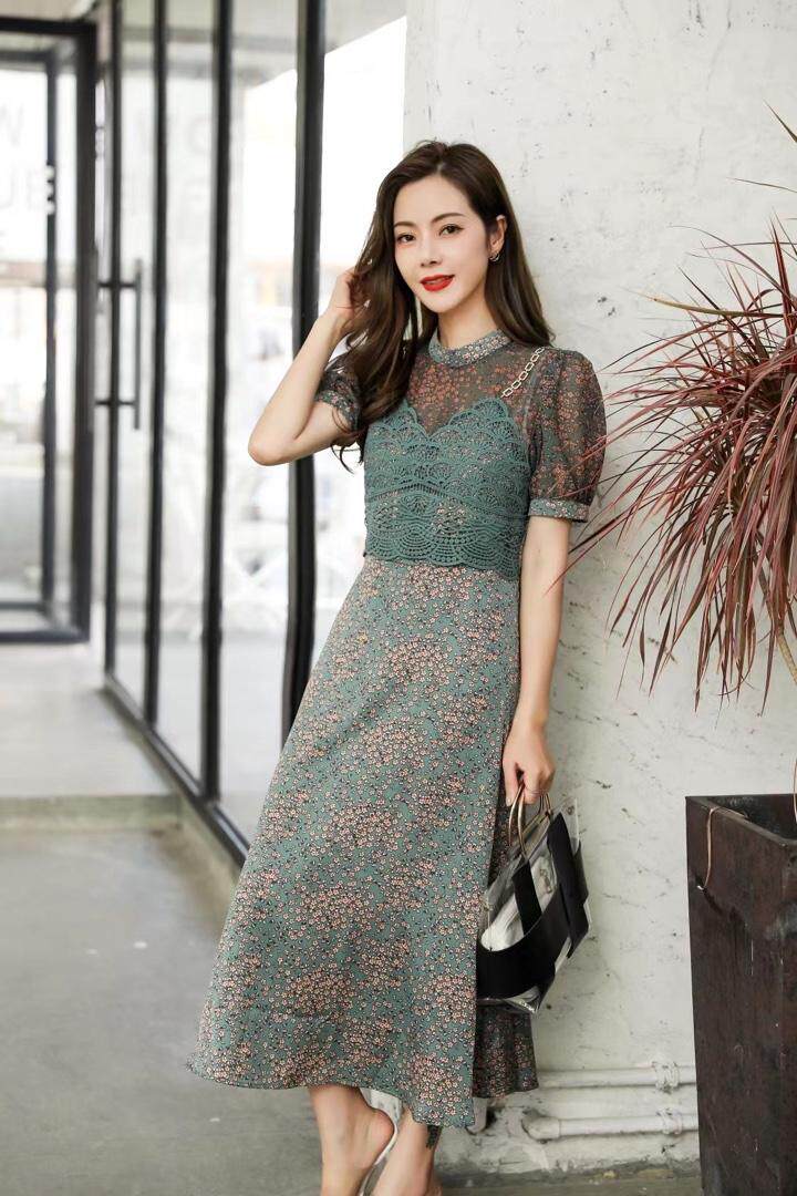 碎花假两套连衣裙，女装连衣裙，蓝芝衣秀