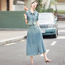 大量现货！短袖牛仔套装女2024夏季新款女装两件套时尚套装裙子，女装套装/套裙，慧尚依恋