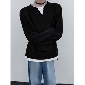 XZ1005-1-TTH0075-批50-重磅华夫格假两件垫肩长袖T恤,秋季背带牛仔裙的搭配图图片