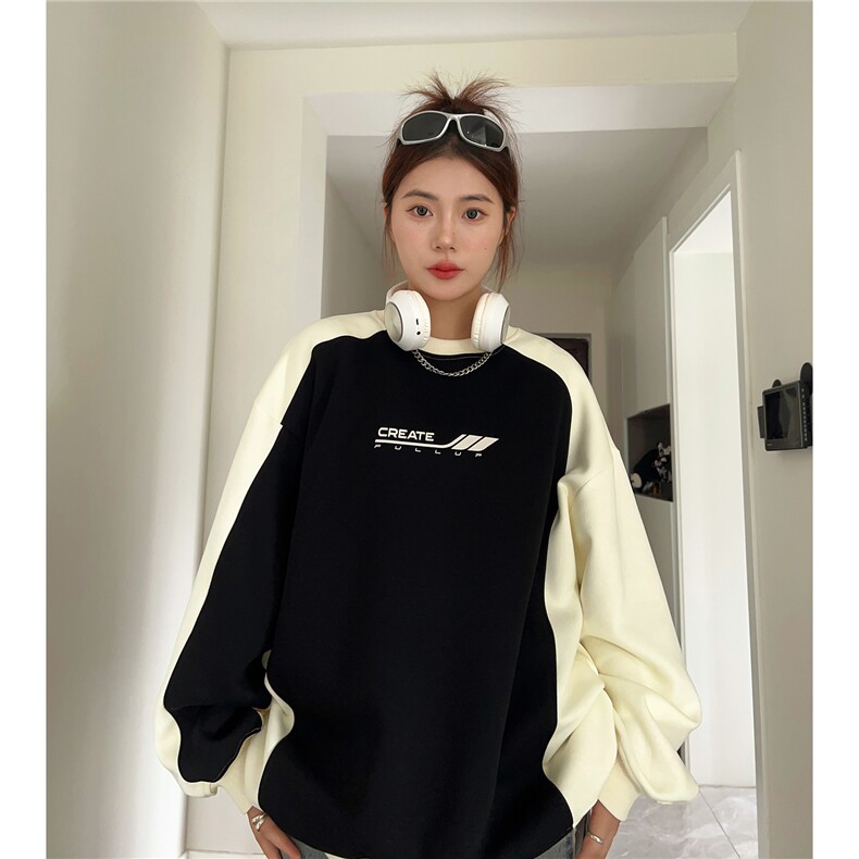 中性风秋装美式复古撞色拼接情侣卫衣印花外套男女D324P58,女装短外套,电商A335-1（原A458）