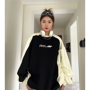 中性风秋装 美式复古撞色拼接情侣卫衣印花外套男女 D324 P58图片