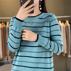 韩版圆领纯棉线条纹针织衫女2025秋冬时尚拼色洋气百搭打底衫毛衣，女装针织衫/毛衣，阁惠羊绒