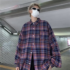 美式复古蓝色格子衬衫男女宽松春秋小众休闲外套C798P43，男装衬衫，星座1116-2