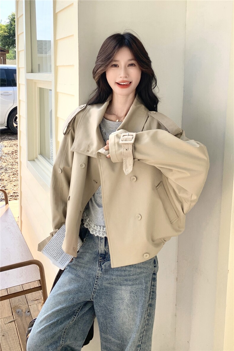 短款卡其色工装外套女春秋小个子流行高级感气质显瘦炸街时尚上衣,女装风衣,2C259