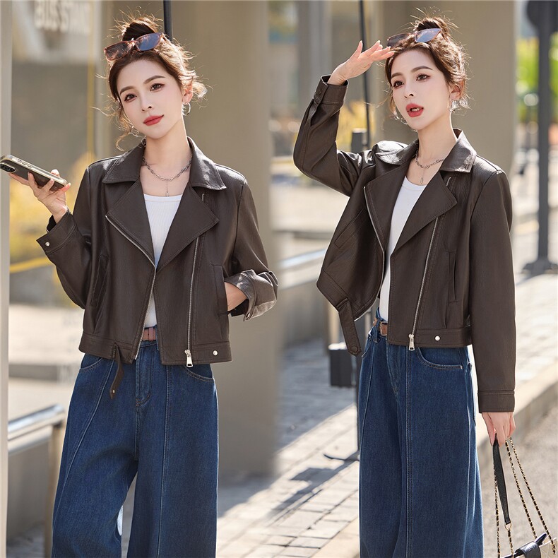 BAO现货休闲夹克翻领斜拉链外套2026春季新款设计感百搭夹克外套，女装皮衣，潮流依族