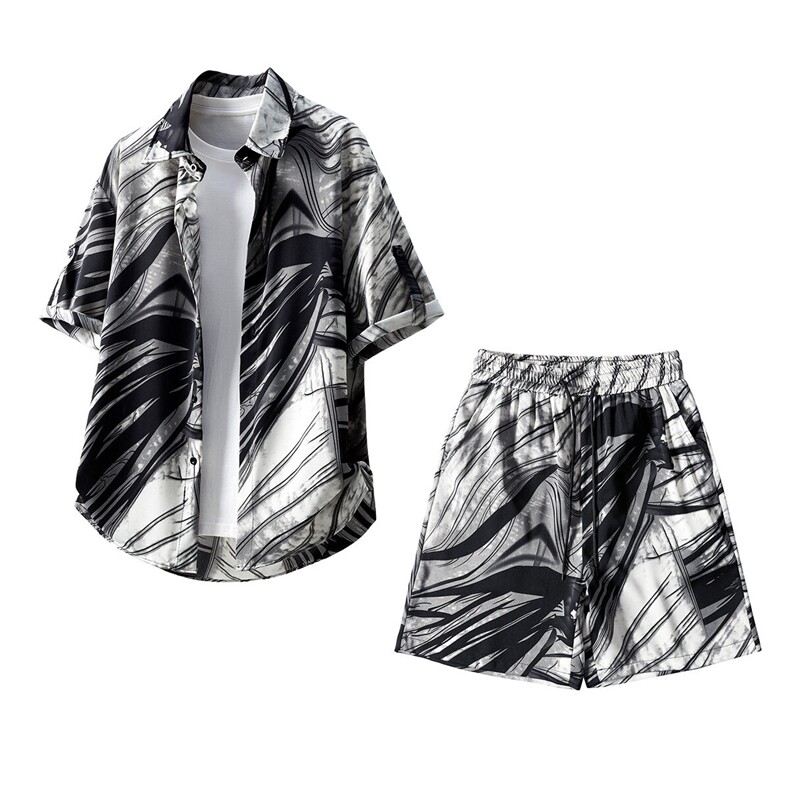 冰丝水墨短裤男短袖衬衫男套装男M-5XL大码TZ78713P50控98立体图，男装休闲套装，星座227-7