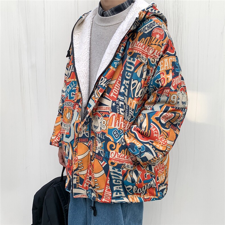 2025冬装涂鸦印花男士羊羔毛棉衣连帽宽松棉服棉袄M505-特P110,男装棉衣,电商A006