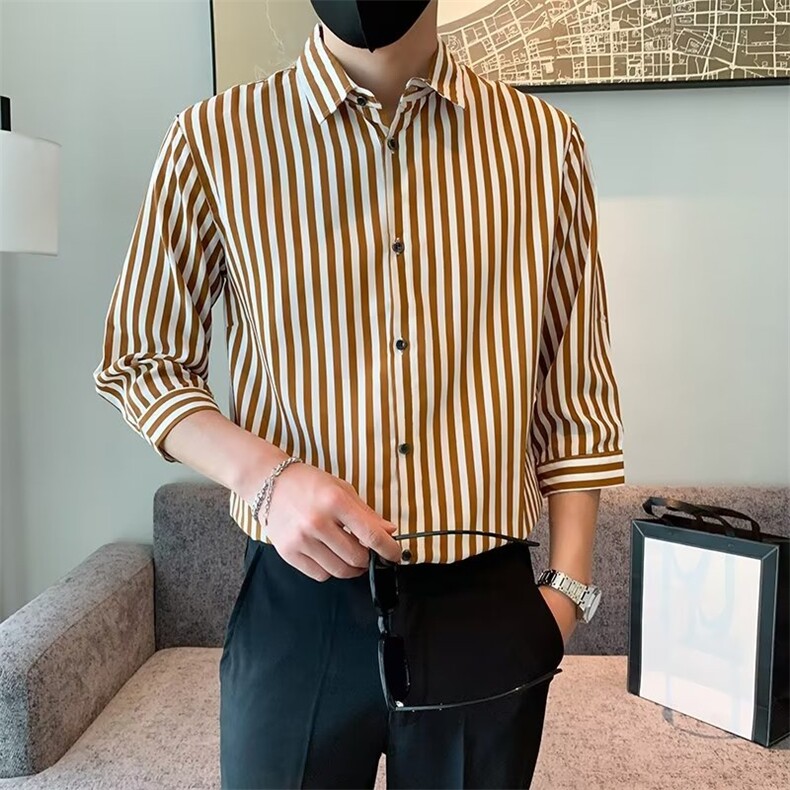 百搭衬衫标准简约ins条纹春季潮男原宿新款七分袖潮流C156-7,男装衬衫,星座1116A-2（原606A-1）