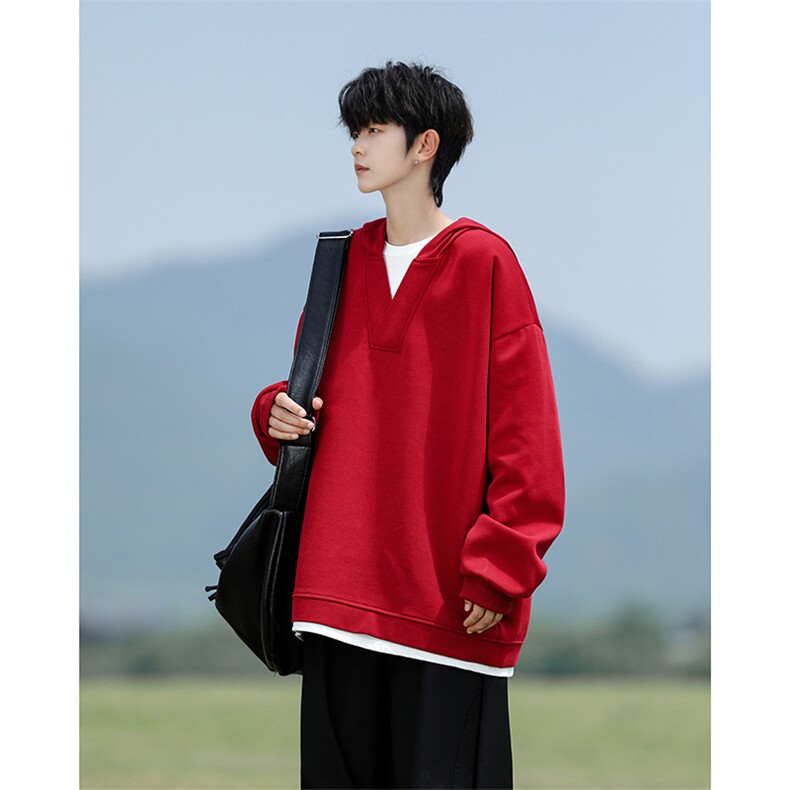 8XL-M叠穿假两件卫衣重磅连帽V领拼接套头衫宽松大码外套WY006P65，男装卫衣，电商B312