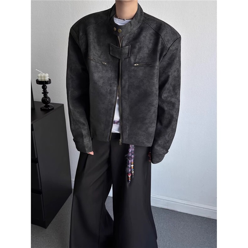 1506/Q25830/P65灰色皮衣外套男春秋美式复古机车骑行服飞行外套,男装皮衣,星座1506