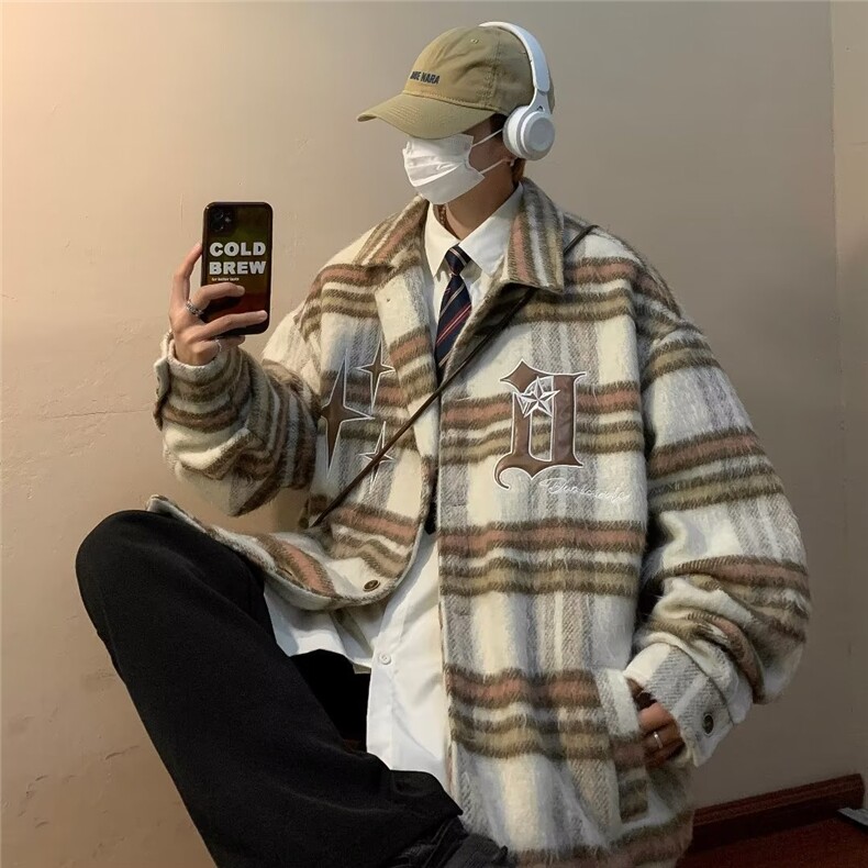 美式毛呢格子植绒刺绣衬衫夹克男高街复古翻领纽扣保暖外套W2030,男装夹克,星座1116A-1（原606A）