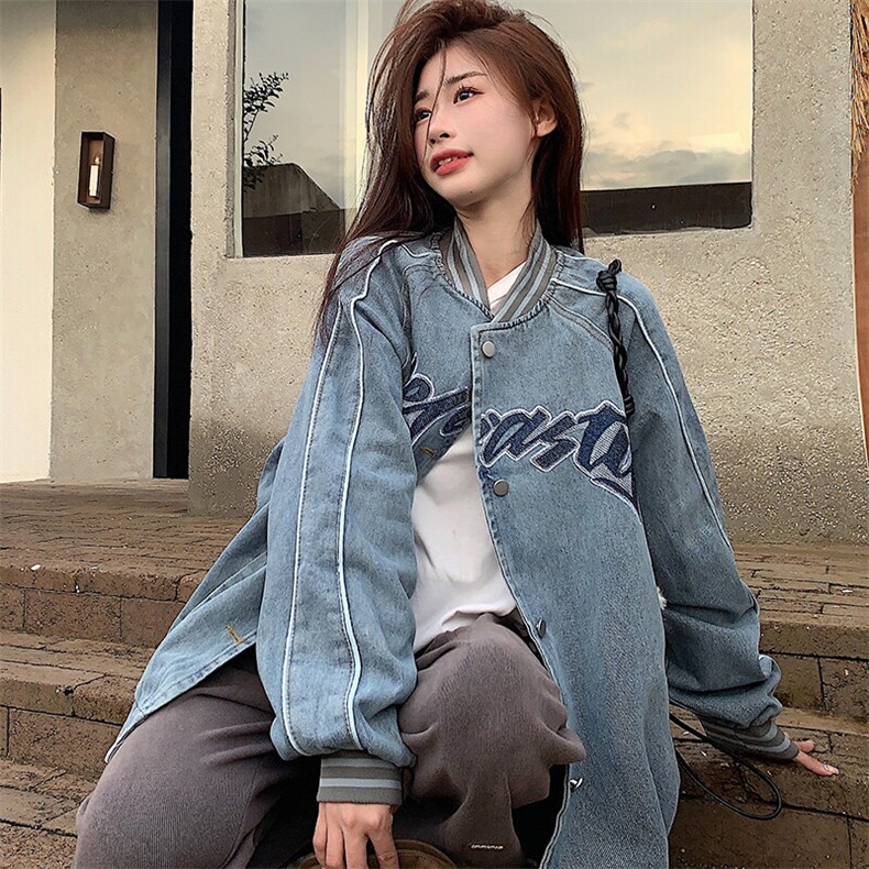 美式街头棒球服女春秋设计感潮牌复古牛仔外套宽松夹克NZ014-75图片