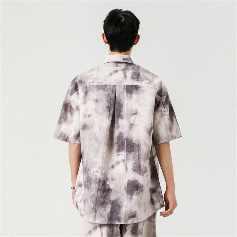 美式设计感工装衬衫男短袖2025新款水墨扎染上衣A406C6066特P40,男装衬衫,星座309（原A406）