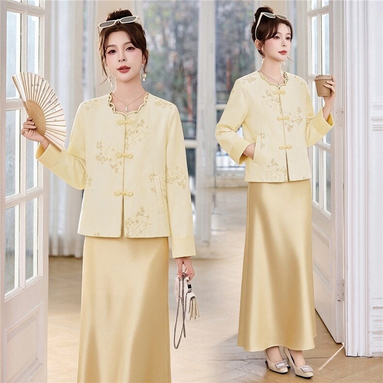 新中式G风套装女2026春新款优雅时尚复古盘扣刺绣文艺范两件套裙，女装套装/套裙，时尚俏佳人