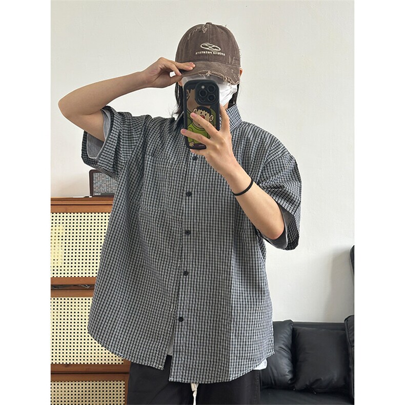 格子衬衫春夏美式短袖衬衫港风情侣装休闲衬衣CS286-P30,男装T恤,星座301C-5