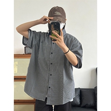格子衬衫春夏美式短袖衬衫港风情侣装休闲衬衣CS286-P30，男装T恤，星座301C-5