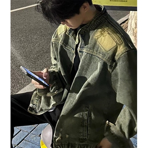 廓形破洞牛仔外套男秋冬季宽松立领做旧上衣复古工装夹克 JKZ05图片