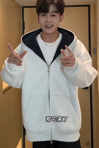 网图 460g重磅华棉运动情侣拼色双拉链连帽开衫卫衣男W24540特P53图片