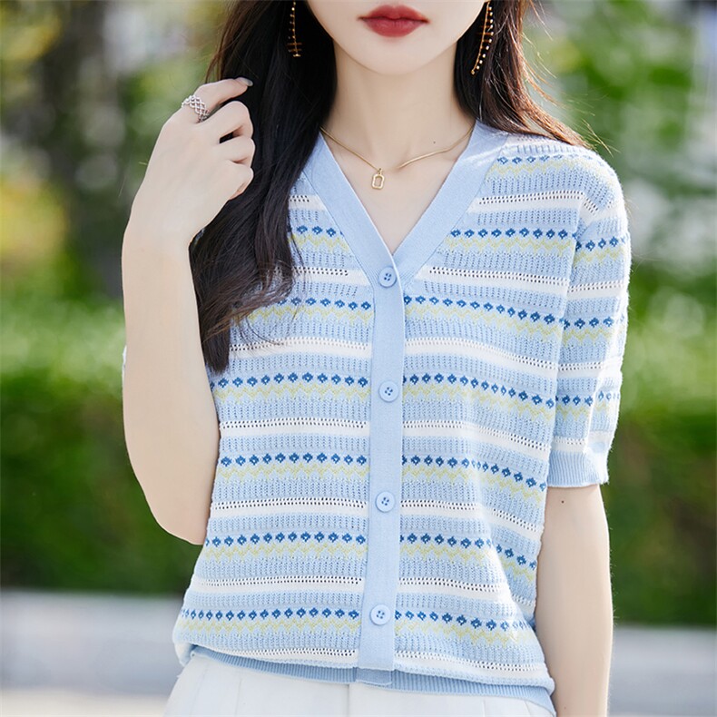 2025夏季新款纯棉透气针织短袖T恤女V领提花拼色上衣减龄显瘦小衫,针织衫/毛衣,斯美雅安迪绒