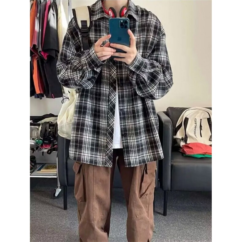 美式复古黑白格子衬衫男春秋新款痞帅高级感内搭衬衣百搭休闲外套,男装衬衫,四季星座505