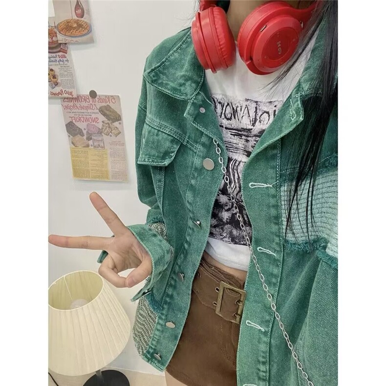美式复古牛仔外套女春秋宽松拼接百搭vintage休闲夹克上衣ins潮牌,男装工装外套,星座506A