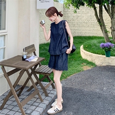 法式复古蕾丝花边牛仔背心短裤两件套女2025夏新款小个子显瘦套装，女装套装/套裙，2C159
