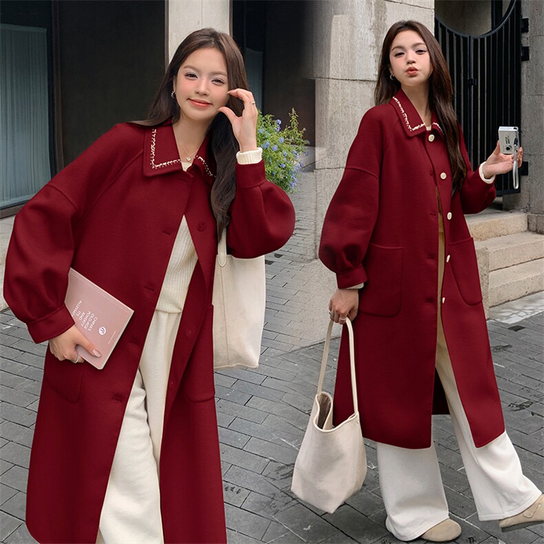 现货新款秒发纯手工缝制订钻宽松休闲双面羊毛呢大衣，女装毛呢外套，丝露怡语