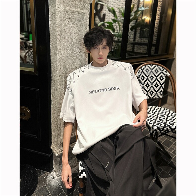 现货！25夏男士设计感金属链条帮点设计感垫肩短袖DX177-P78,男装T恤,电商B288