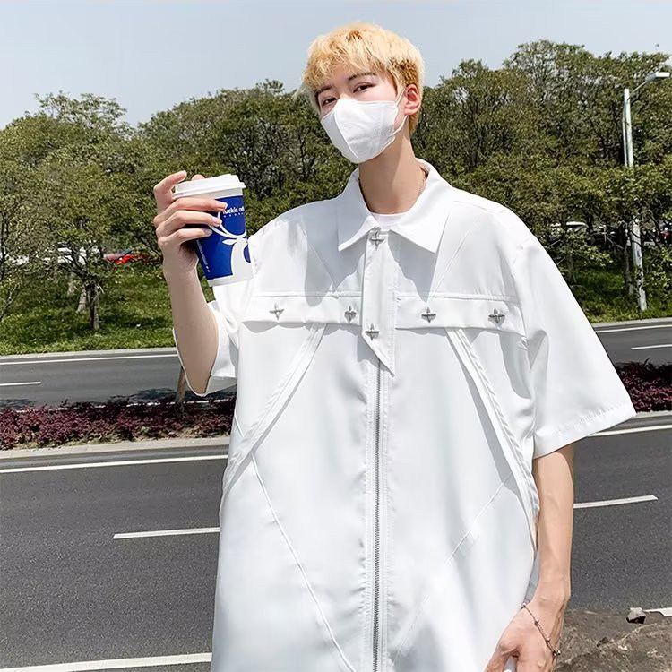 美式复古雅痞黑色拉链短袖衬衫男女潮牌宽松bf风百搭翻领半袖上衣，男装T恤，星座516A