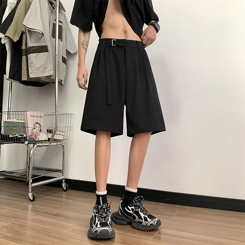 极简风黑色西装短裤女宽松腰带装饰垂坠感直筒裤子DK8495-特价P32,男装牛仔裤,电商A007