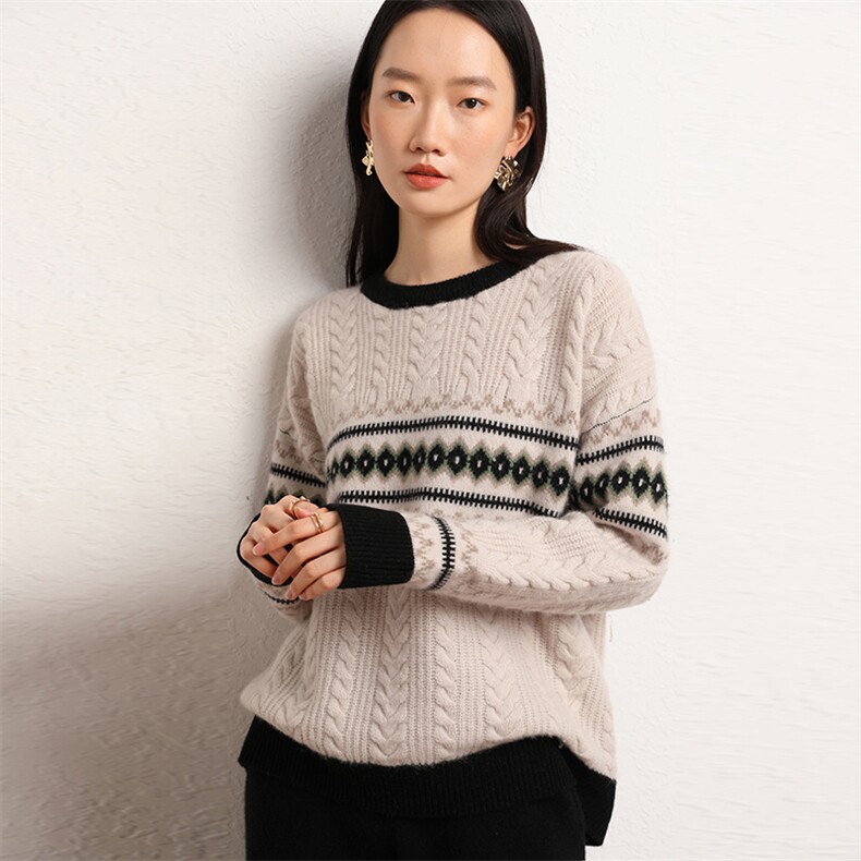 2024秋冬百搭复古提花圆领花园式宽松加厚保暖毛衣女,女装羊绒衫,五色羊羊绒