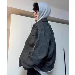 扎染皮衣外套男美式复古高街水洗上衣春秋款潮牌痞帅炸街夹克图片