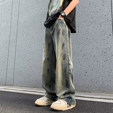 复古休闲做旧牛仔裤学生时尚百搭款垂感宽松阔腿拖地牛仔裤男，男装牛仔裤，星座1013