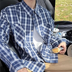 美式复古毛边2025格子衬衫男高级感痞帅长袖格纹衬衣外套，男装衬衫，星座506A
